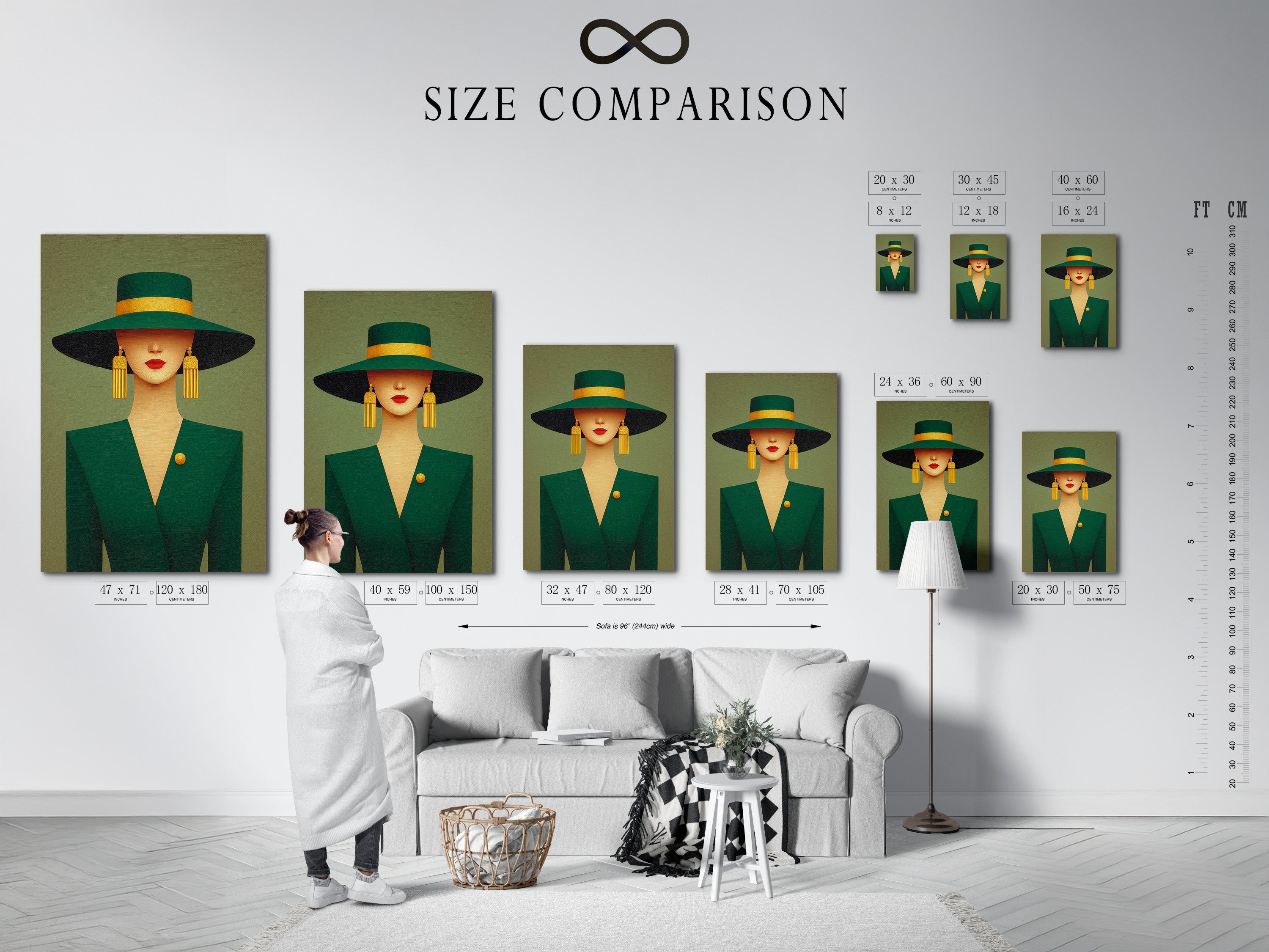 A size comparison chart displayed in an interior setting. See how different sizes of artwork can transform your space. This chart helps you visualize the perfect fit. This chart is great for your living room or bedroom.