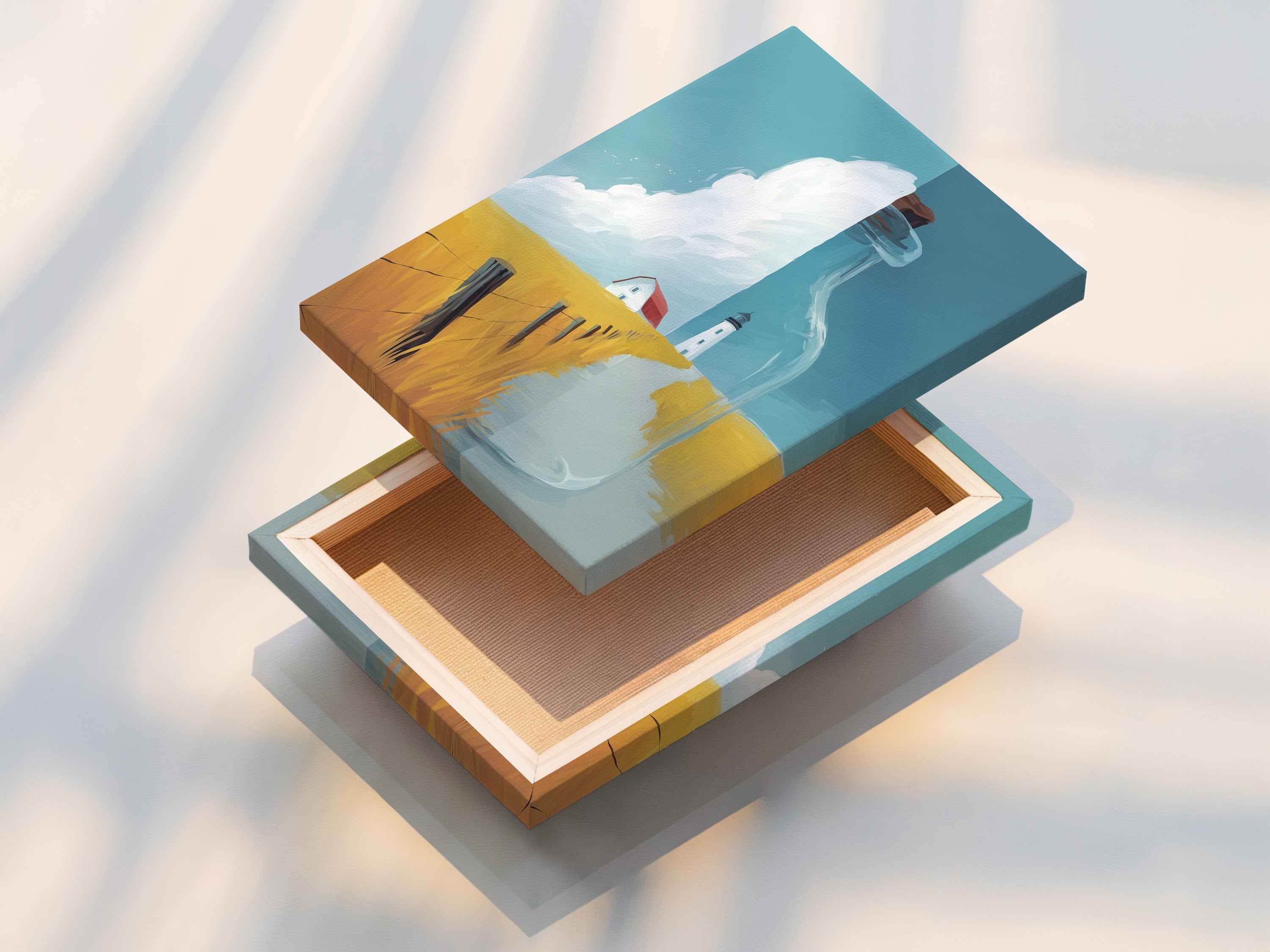 A stretched canvas print featuring the Coastal Lighthouse artwork. The canvas texture enhances the artwork's visual appeal. Ready to hang this print adds a touch of nautical charm to any space. A beautiful piece of wall art.