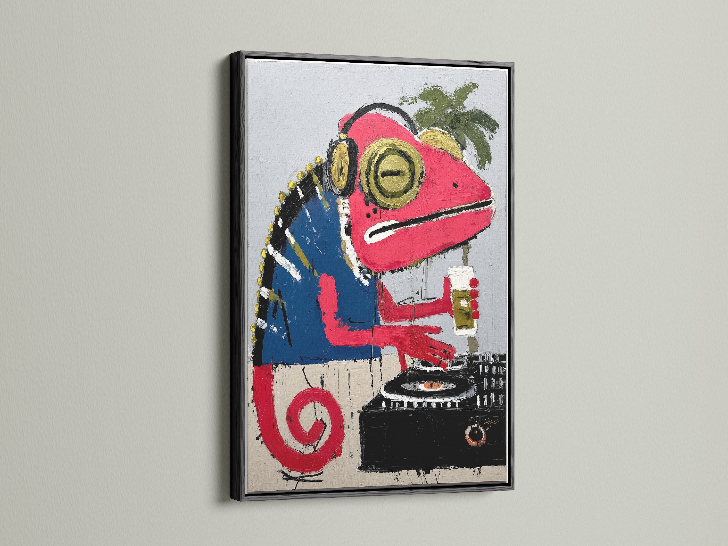 Iguana DJ artwork in a sleek black frame. The reptile canvas adds a modern touch to your walls. This piece is a great gift for music lovers. It is a funky animal art print.