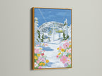 The Ski Lift mountain artwork is presented in a gold frame. The winter landscape includes wildflowers. This alpine artwork adds elegance to any room. Consider for living room wall artwork or chalet decor.