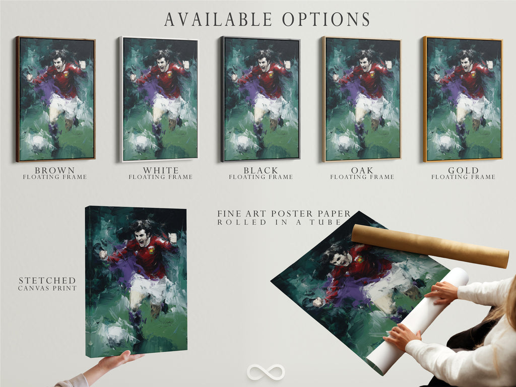 Various available options are displayed including a stretched canvas print fine art poster paper and a floating frame. The soccer player art features an abstract sports theme. Each option enhances the artwork's appeal.