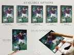 Various available options are displayed including a stretched canvas print fine art poster paper and a floating frame. The soccer player art features an abstract sports theme. Each option enhances the artwork's appeal.