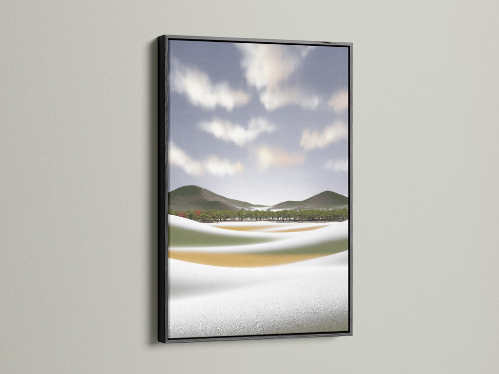 Coastal landscape artwork in a black frame. This landscape art adds a touch of sophistication to your decor. The black frame enhances the modern nature photography. A perfect piece of ocean wall decor. Bring the beauty of the beach to your home with this serene nature print.
