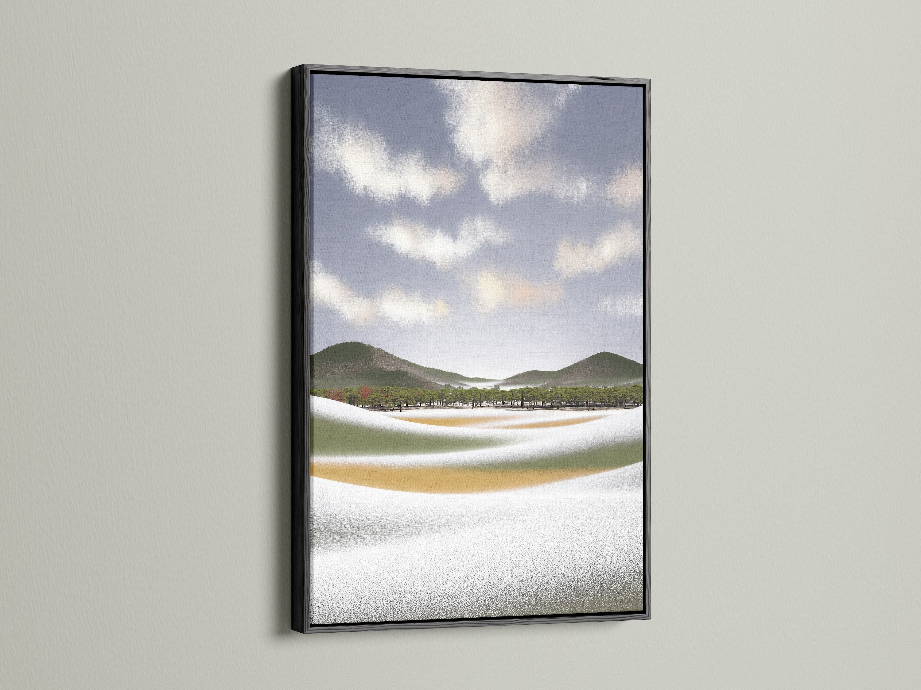 Coastal landscape artwork in a black frame. This landscape art adds a touch of sophistication to your decor. The black frame enhances the modern nature photography. A perfect piece of ocean wall decor. Bring the beauty of the beach to your home with this serene nature print.