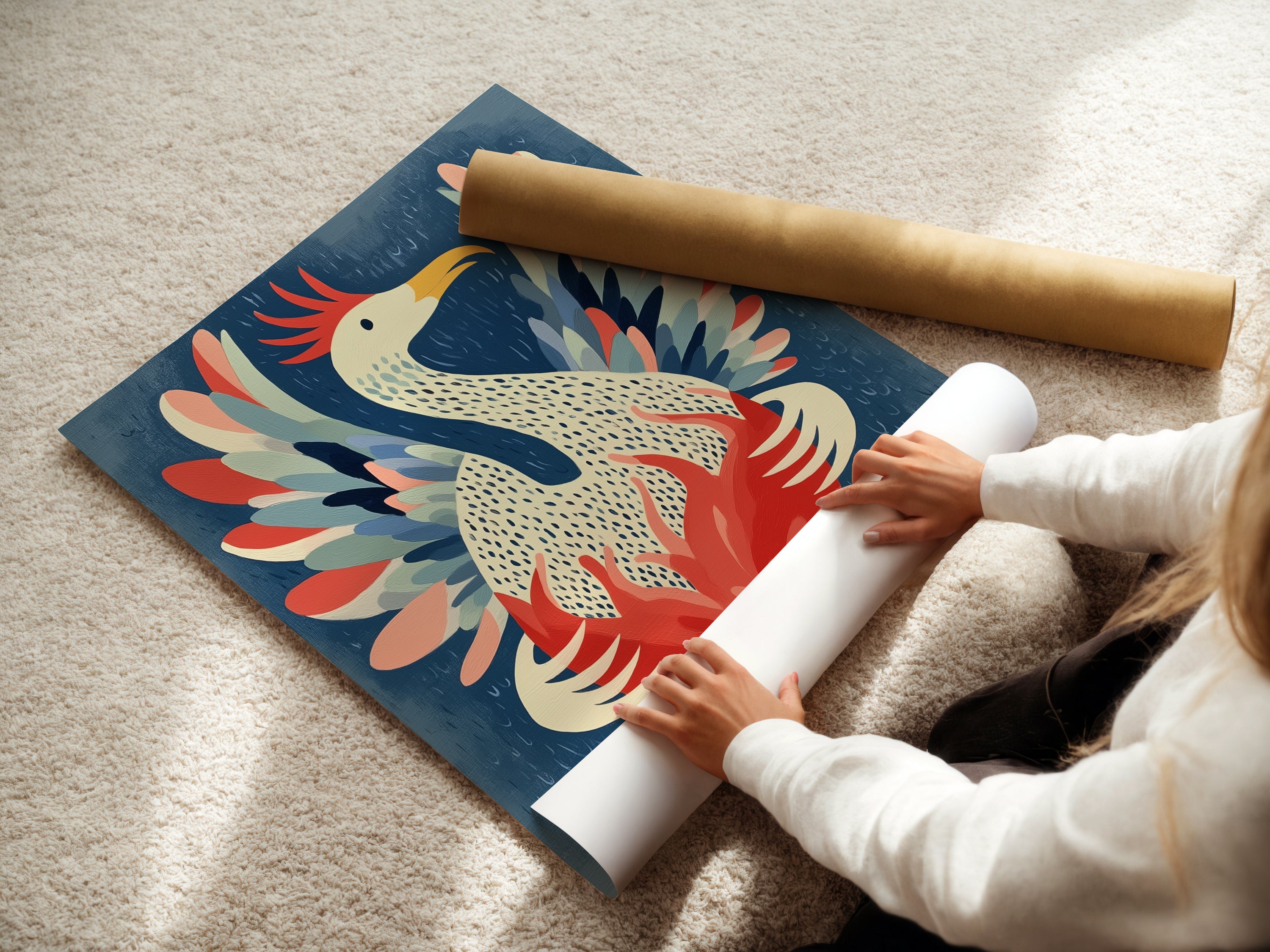 A woman is carefully rolling a fine art poster paper print. Our fine art posters are printed on high quality paper. Perfect for framing or displaying as is. Get your Phoenix Bird art today.