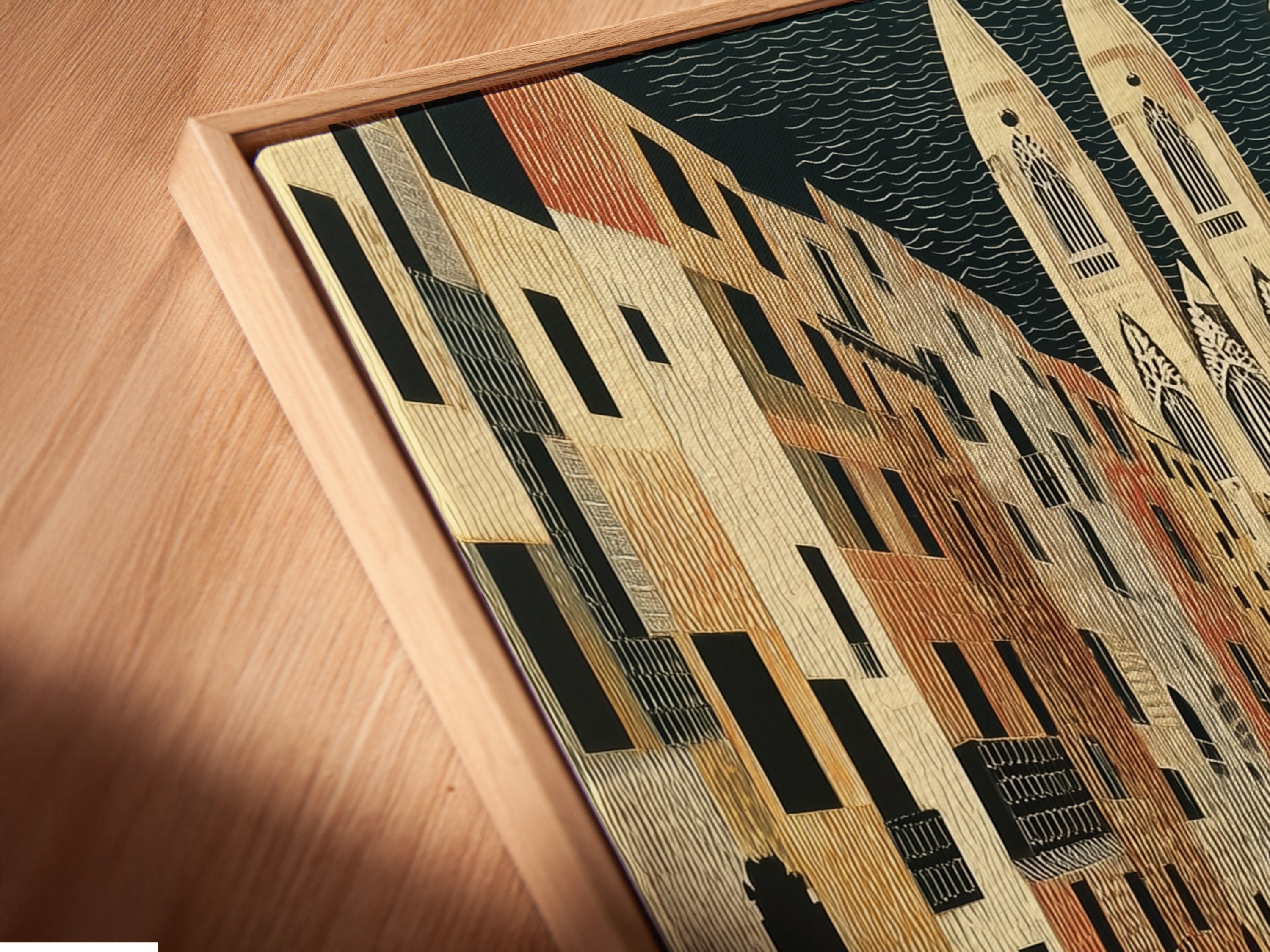 Close-up of a canvas print in a floating frame. The artwork features vintage cars and a European street scene. The floating frame gives the art a modern look. Perfect for adding retro charm to your space. A unique piece of automobile wall art.