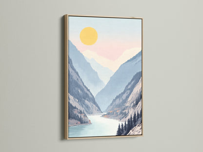 This mountain lake canvas features a serene valley. It's framed in a beautiful oak. The pastel landscape brings a calming effect. Ideal wall art for minimalist Scandinavian or coastal decor. Enhance your living room bedroom or office with this tranquil artwork.