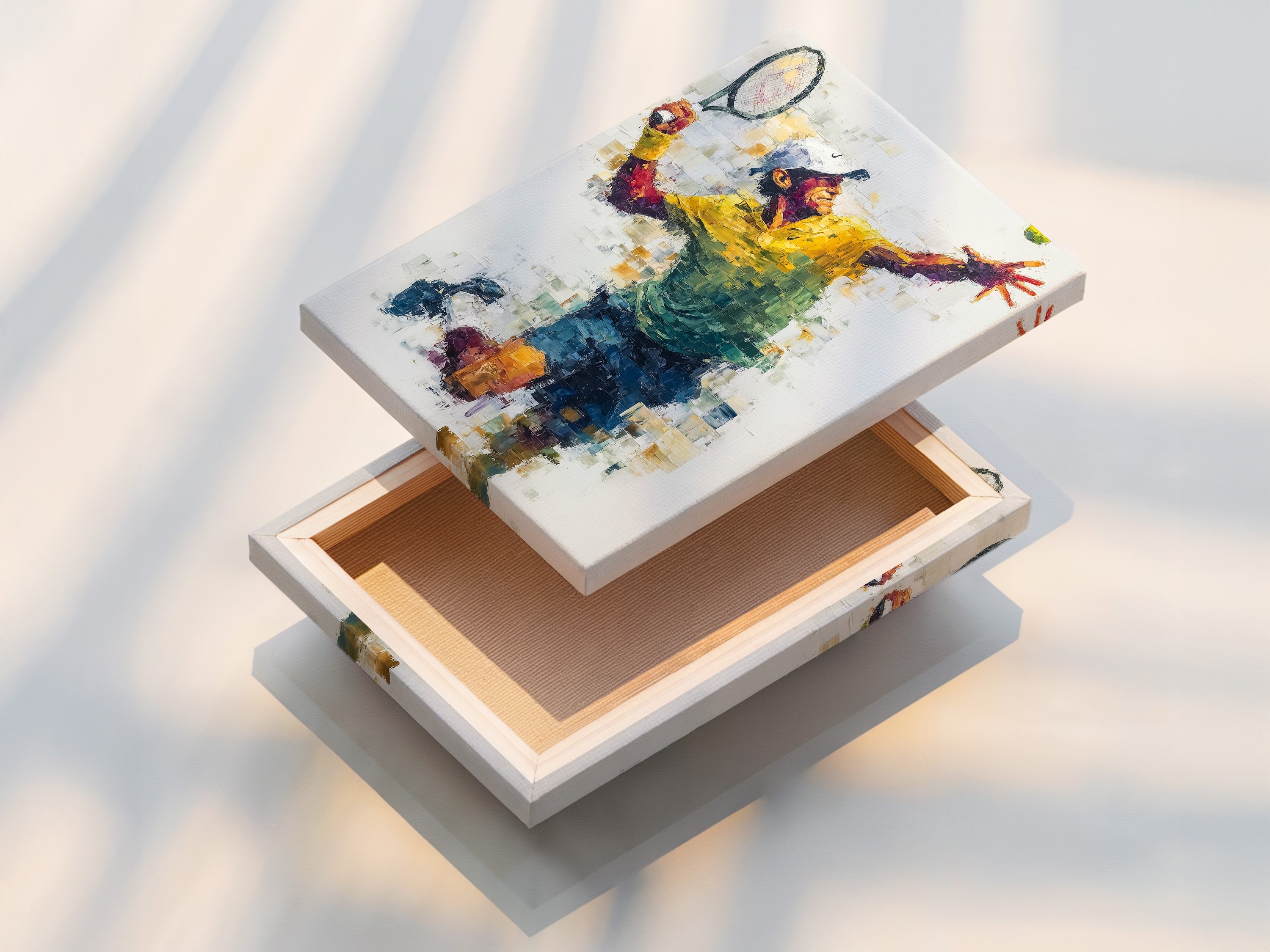 The stretched canvas print displays the Tennis Player Artwork ready to hang. The abstract sports art is stretched perfectly over a wooden frame. This ensures a gallery-quality look. Ideal for adding a pop of color and energy to any space with tennis wall art. A great option to hang.