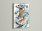 A white frame surrounds the alligator wall art. It's a cool animal print that serves as tropical canvas. The artwork is ideal for beach house decor and a funny addition to any kids room creating a playful atmosphere.