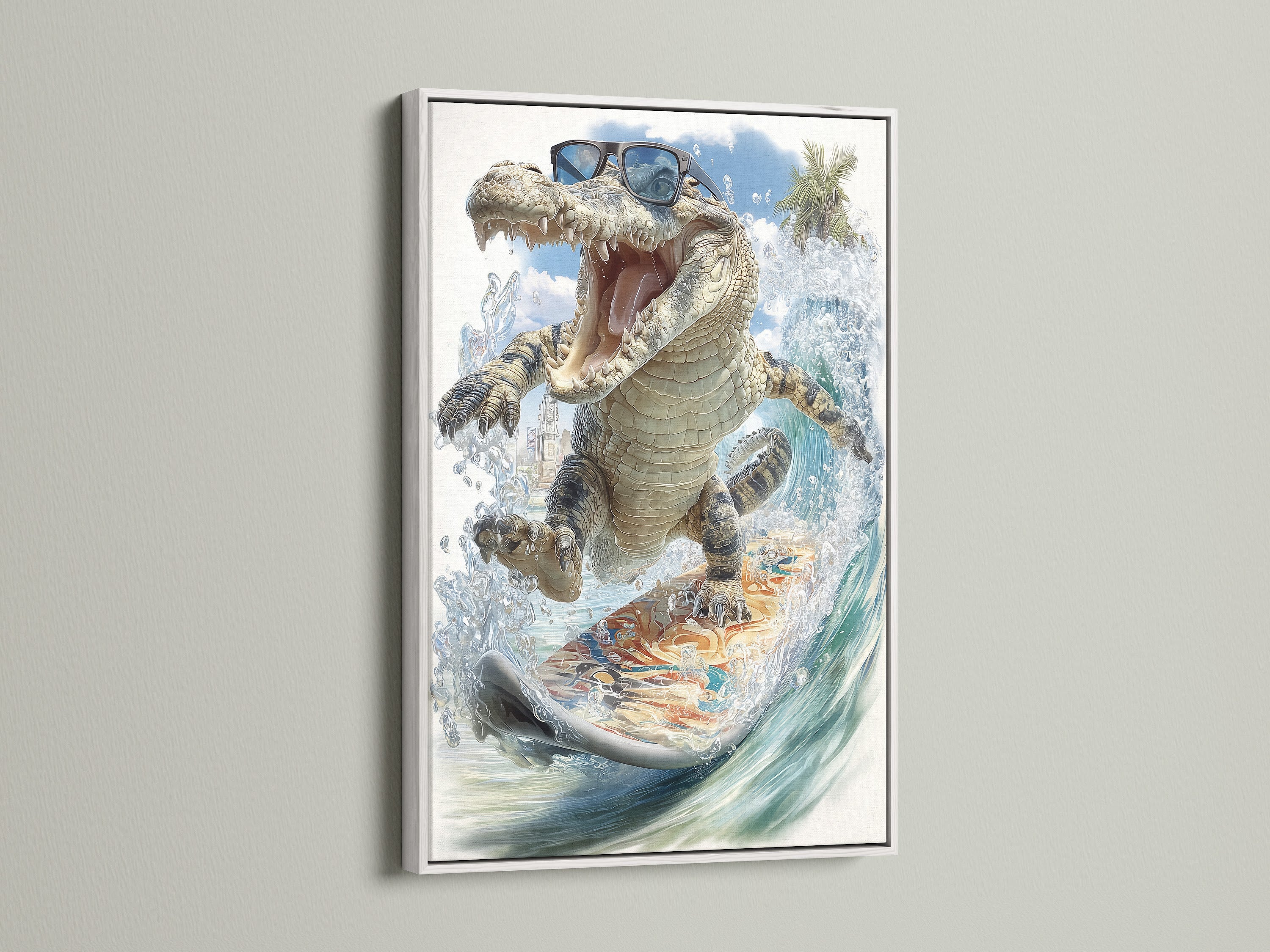 A white frame surrounds the alligator wall art. It's a cool animal print that serves as tropical canvas. The artwork is ideal for beach house decor and a funny addition to any kids room creating a playful atmosphere.