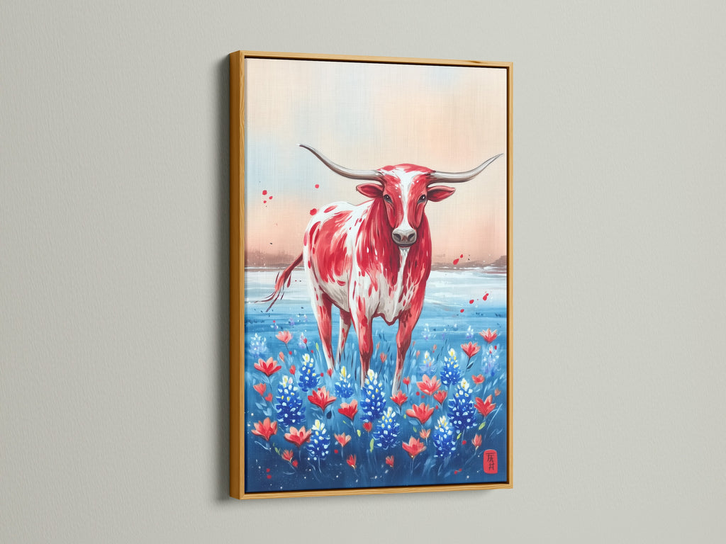 Texas Longhorn art in a gold frame. The artwork shows a red and white Longhorn standing in bluebonnets. Elevate your wall decor with this elegant western art piece. Great for adding a rustic touch to any room.