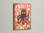 The black cat octopus artwork is displayed in a gold frame. This surreal animal art exudes luxury. The gold frame enhances the eclectic style. Perfect for a statement piece.