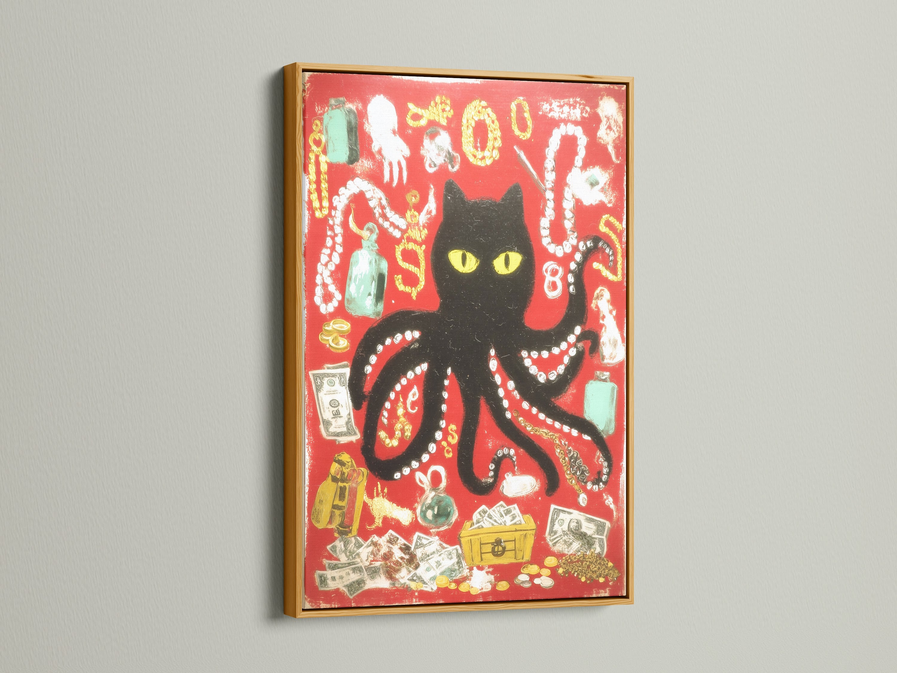The black cat octopus artwork is displayed in a gold frame. This surreal animal art exudes luxury. The gold frame enhances the eclectic style. Perfect for a statement piece.