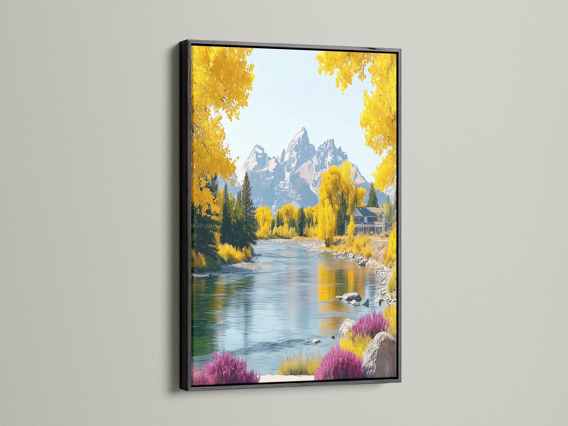 A black frame showcases this mountain river canvas print. The autumn landscape artwork features vibrant yellow trees. This piece brings nature indoors. Perfect for creating a refined rustic feel in your home or office space.