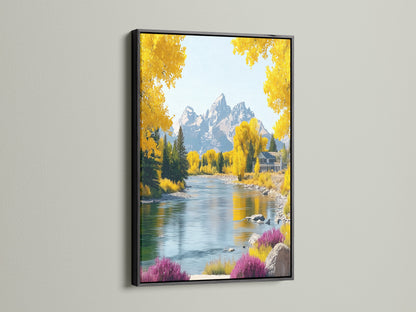 A black frame showcases this mountain river canvas print. The autumn landscape artwork features vibrant yellow trees. This piece brings nature indoors. Perfect for creating a refined rustic feel in your home or office space.