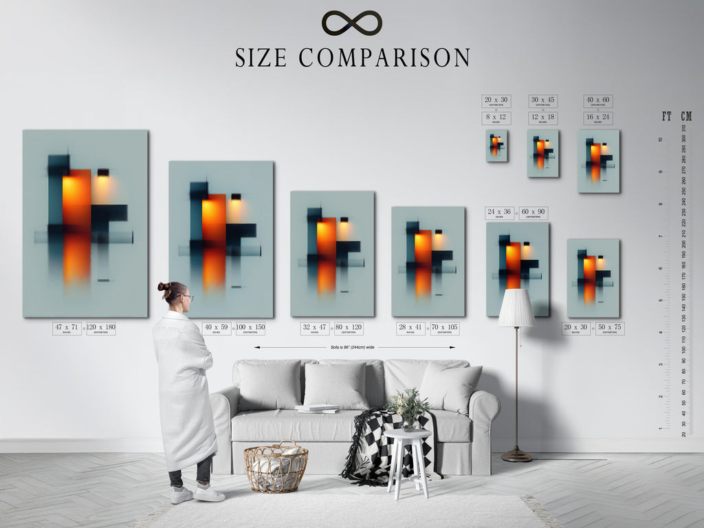 Here's a size comparison chart in an interior setting. It helps you visualize artwork sizes in your space. Choose the perfect size for your art. Transform your home with the right art dimensions. Find the perfect fit.