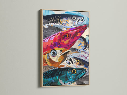 This is a close-up of a colorful fish art print in an oak frame. The artwork brings modern marine life to any wall. Notice the abstract ocean wildlife poster. It is a great addition to kitchen decor. This nautical wall art provides a coastal touch to any home or restaurant. The colors are vibrant and eye-catching.