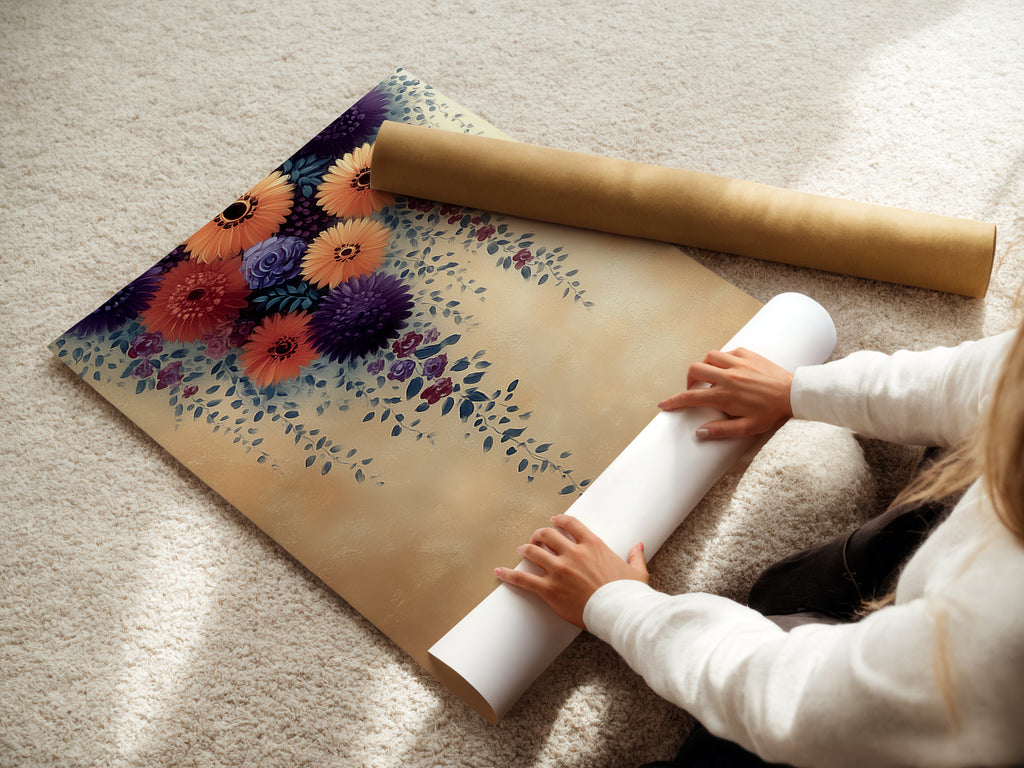 A woman carefully rolls a fine art poster paper. This showcases the delicate handling required for high quality prints. The Floral Cascade artwork is ready for elegant display. Choose fine art paper for a refined botanical touch in your home or office