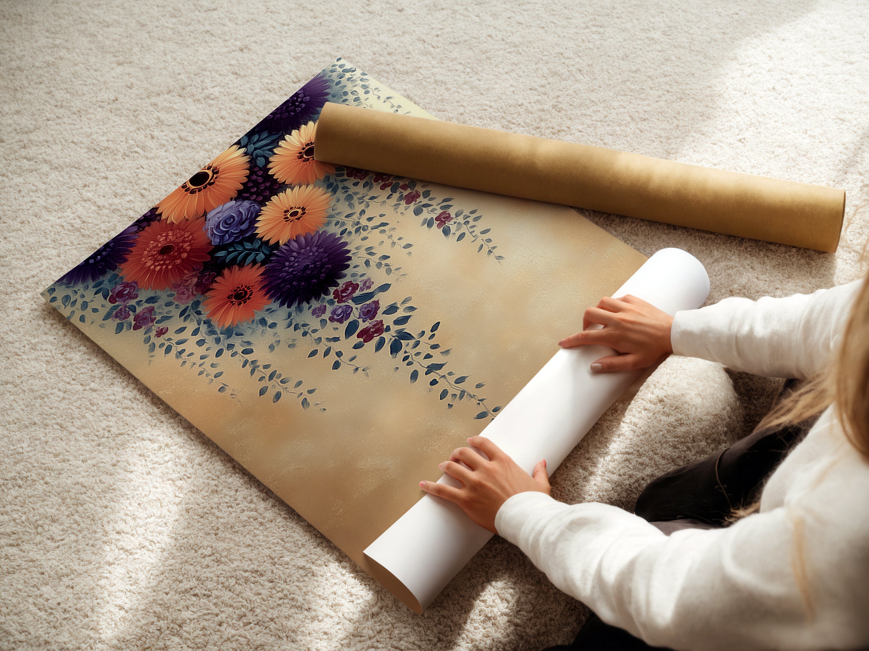 A woman carefully rolls a fine art poster paper. This showcases the delicate handling required for high quality prints. The Floral Cascade artwork is ready for elegant display. Choose fine art paper for a refined botanical touch in your home or office