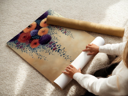 A woman carefully rolls a fine art poster paper. This showcases the delicate handling required for high quality prints. The Floral Cascade artwork is ready for elegant display. Choose fine art paper for a refined botanical touch in your home or office