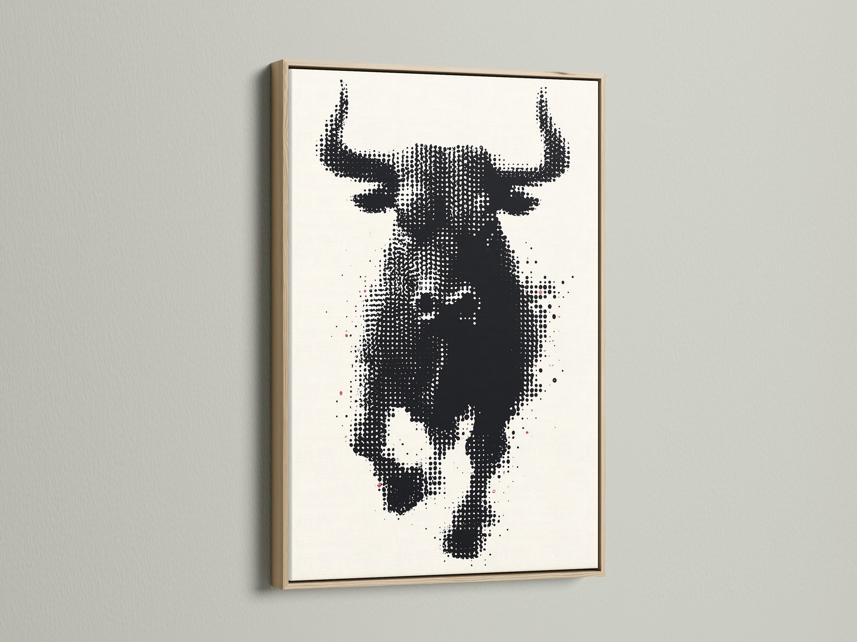 This bull artwork features a black and white halftone print in an oak frame. Ideal for modern farmhouse decor. This animal canvas print adds sophistication to any space. The oak frame enhances the artwork's rustic charm. Perfect for living rooms bedrooms and offices. Elevate your walls with this contemporary print.