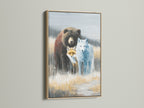 Wildlife Trio artwork in an oak frame. This animal canvas features a bear fox and wolf. The neutral tones make it ideal for cabin decor. Add rustic charm to your space with this unique animal-themed wall art. Perfect for nature enthusiasts.