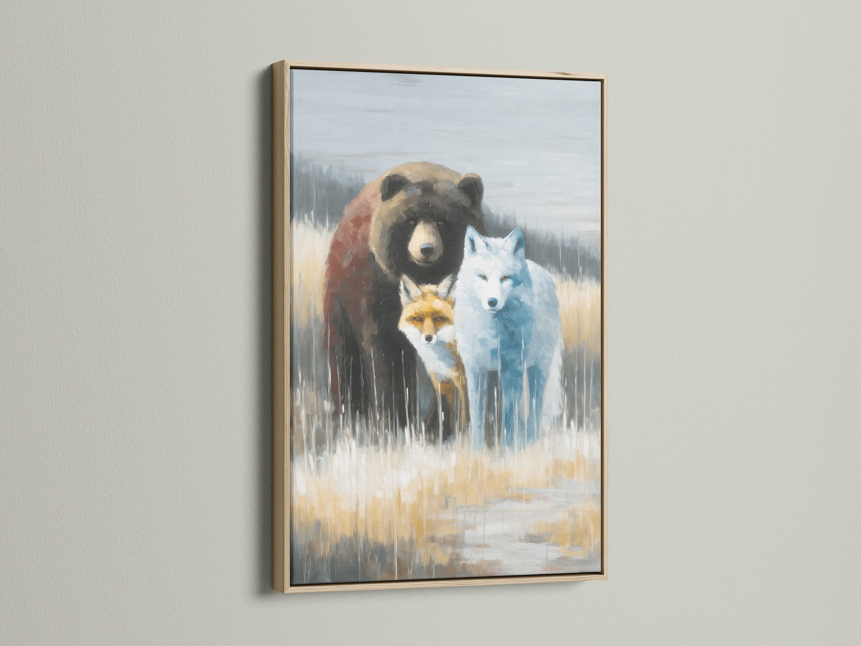 Wildlife Trio artwork in an oak frame. This animal canvas features a bear fox and wolf. The neutral tones make it ideal for cabin decor. Add rustic charm to your space with this unique animal-themed wall art. Perfect for nature enthusiasts.