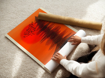 A woman rolling a fine art poster paper. High-quality material ensures lasting beauty. Discover the available options for our Abstract Sunset artwork. Choose from stretched canvas prints to fine art poster paper.