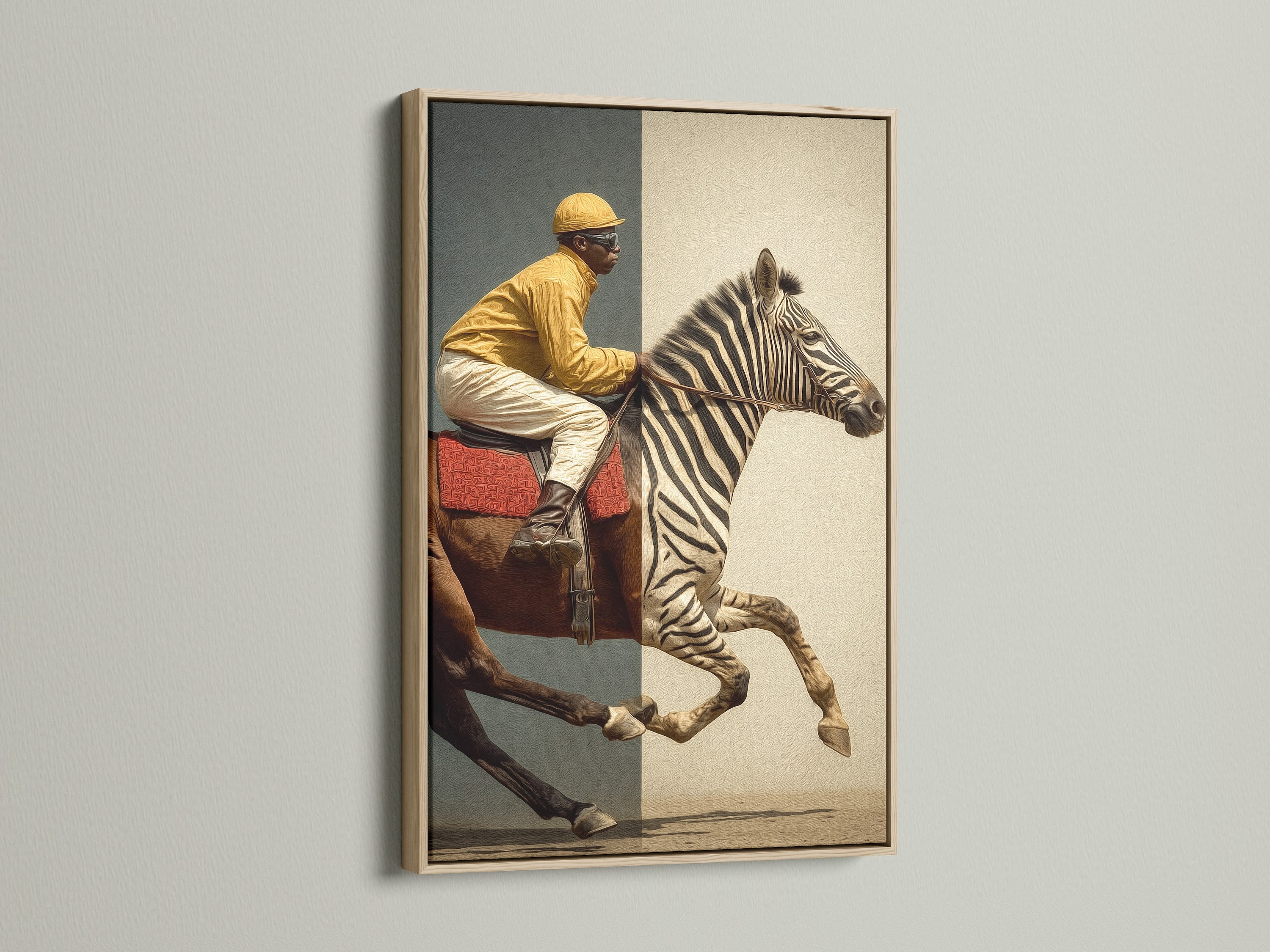 Artwork of a Jockey riding a Zebra and Horse Hybrid. The artwork is displayed in a beautiful oak frame. Oak frames provide a natural and timeless aesthetic. Elevate your living space with our stunning framed artwork.