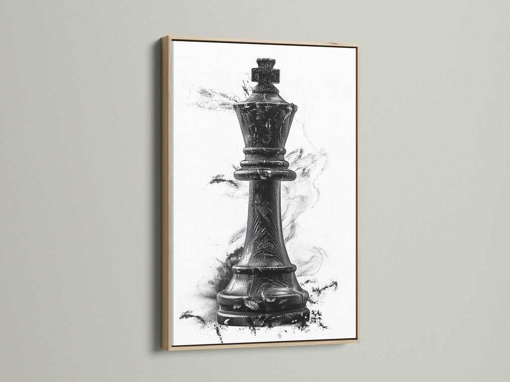 A captivating chess king artwork displayed in an oak frame. The frame enhances the artwork. It adds a touch of sophistication to any room. Discover the beauty of framed art. Transform your living space with this exquisite piece.