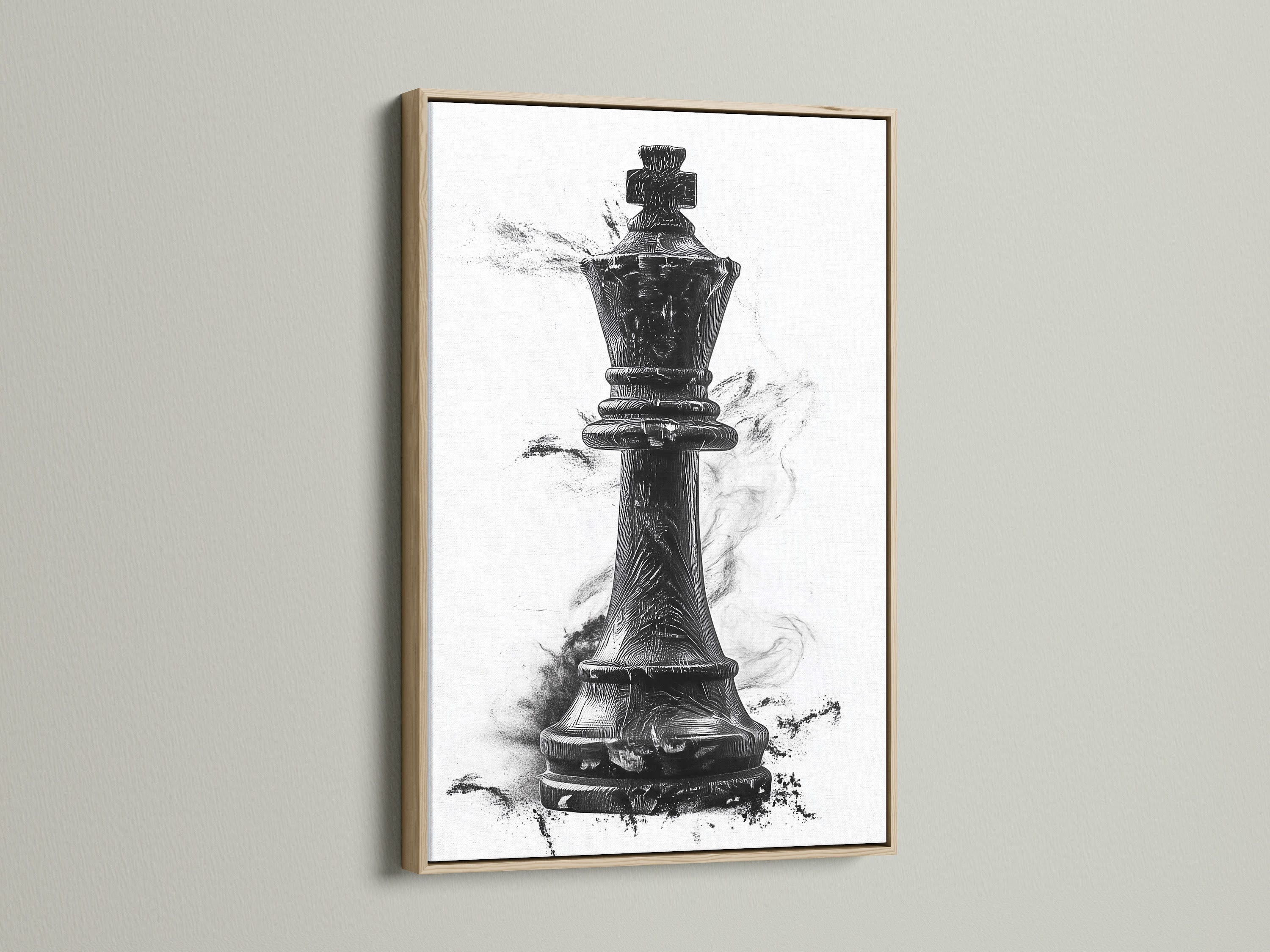 A captivating chess king artwork displayed in an oak frame. The frame enhances the artwork. It adds a touch of sophistication to any room. Discover the beauty of framed art. Transform your living space with this exquisite piece.