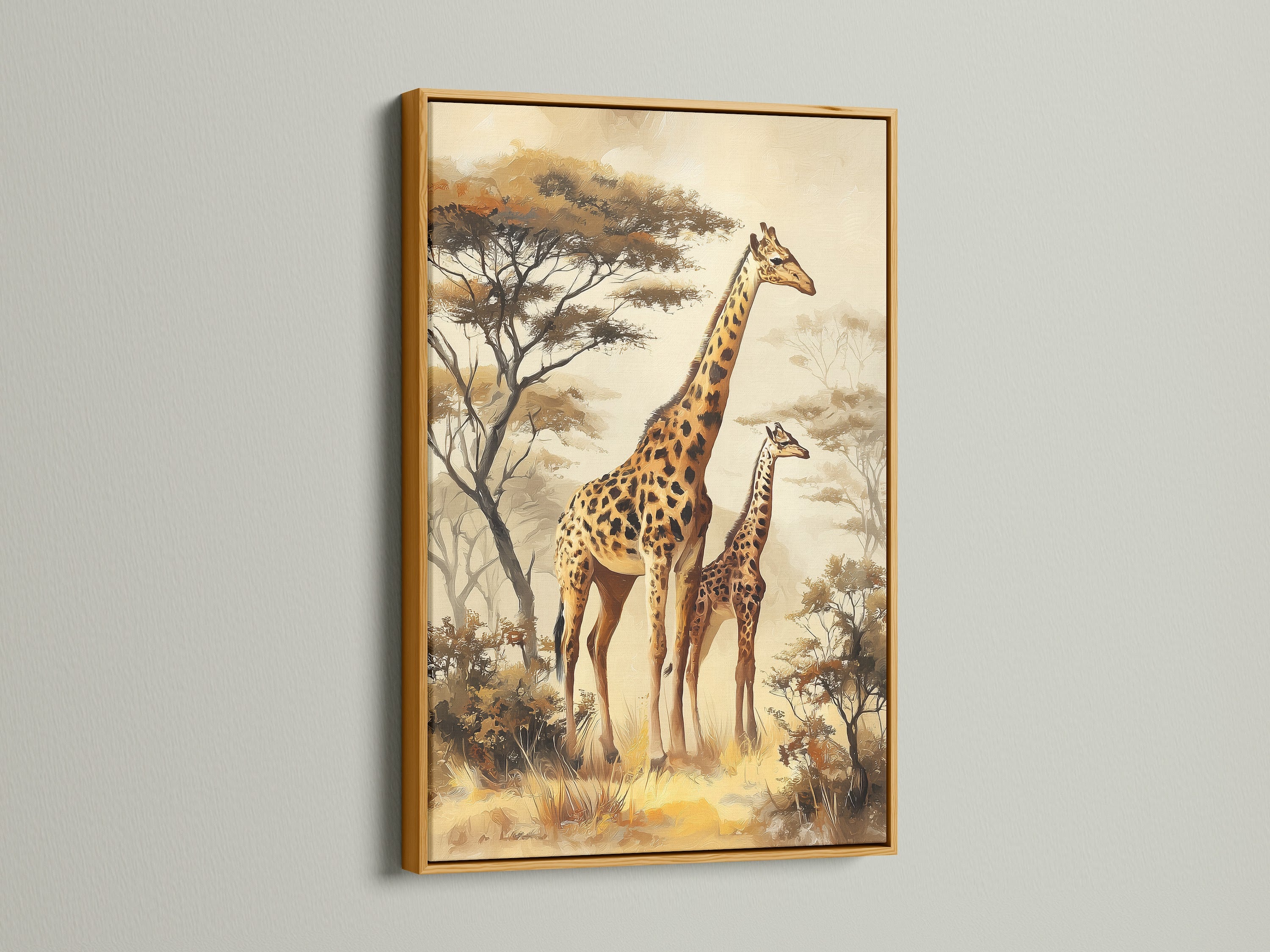 Gold Frame artwork option. This artwork features a mother and baby giraffe. The artwork is framed with a luxurious gold frame. The gold frame adds a touch of elegance for your artwork. This frame is perfect for traditional or glam decor. The gold frame elevates the artwork.