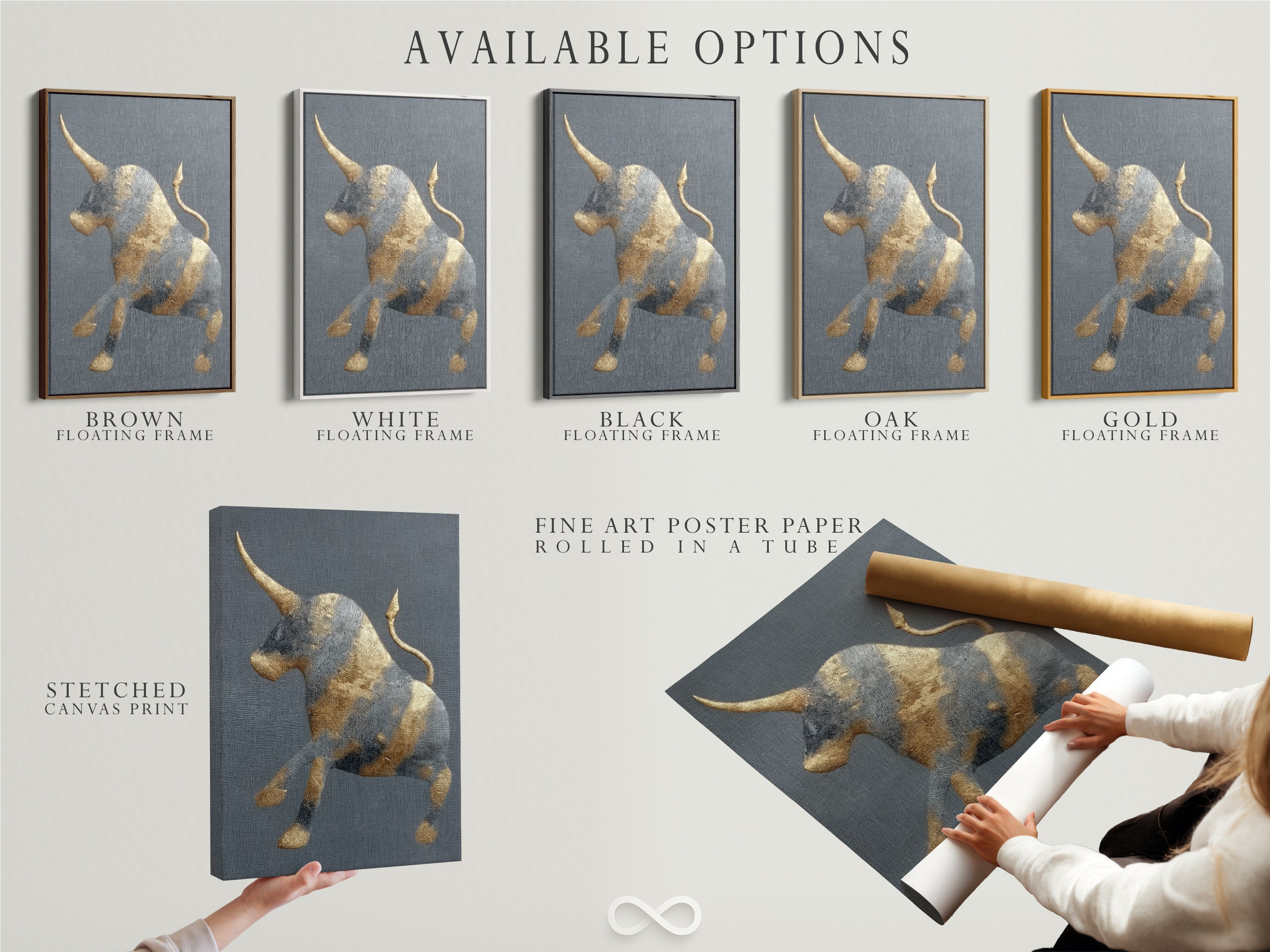 These available options include a stretched canvas print. Fine art poster paper and a floating frame are also available. Choose the perfect format for your golden bull artwork. This modern art print will elevate any space. The abstract animal adds a touch of sophistication. Perfect for study rooms and offices.