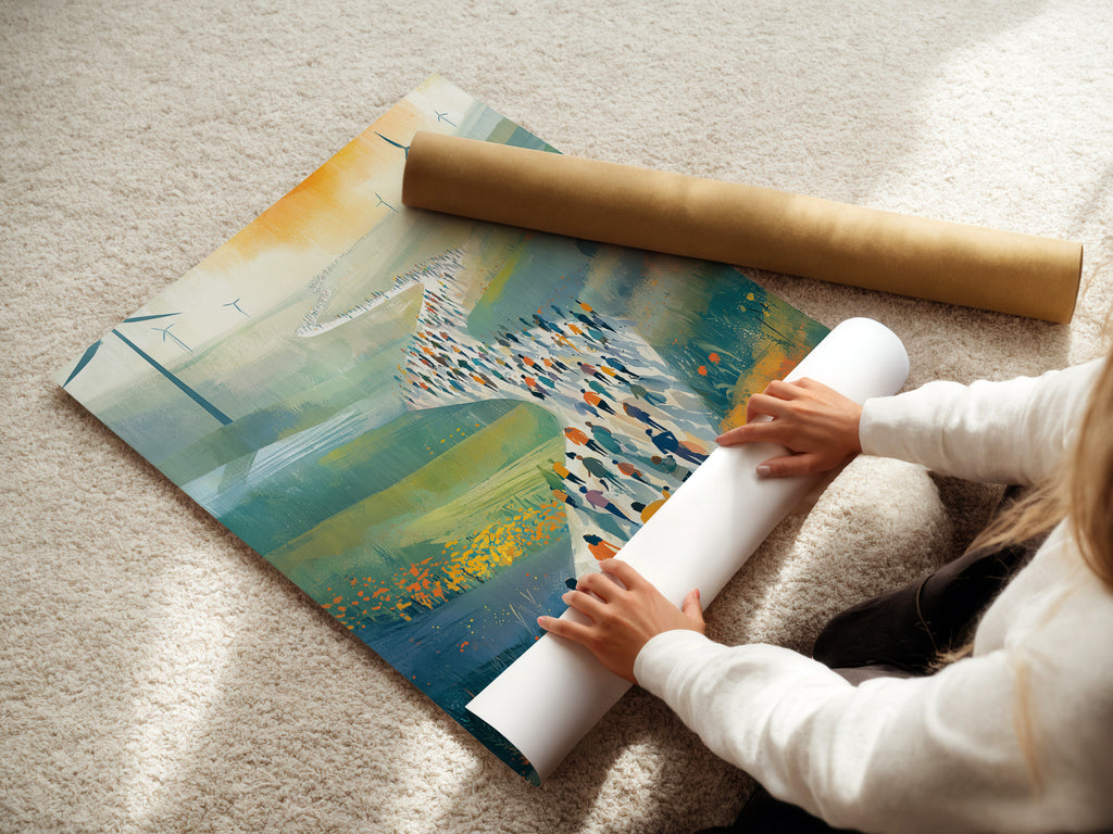 Wind Farm Migration Art - Modern Landscape Print, People Walking Path Through Rolling Hills, Green Energy Wall Art, Contemporary