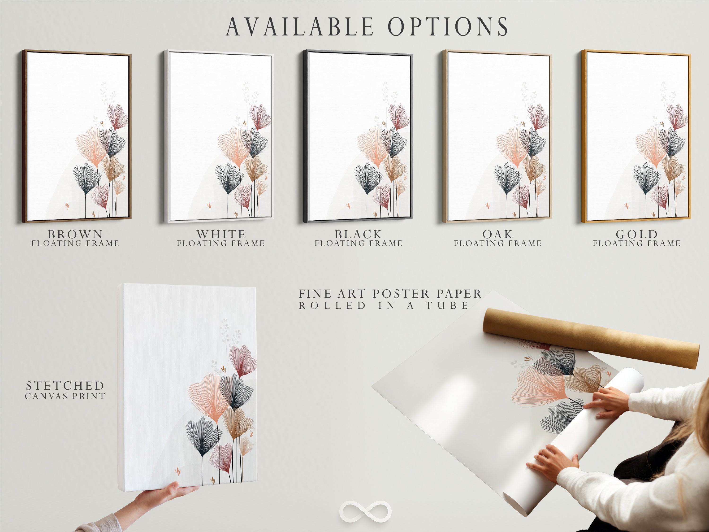 Explore available options for this floral line art. Options include a stretched canvas print fine art poster paper and a floating frame. The abstract botanical artwork enhances any space. Discover modern flower artwork for bedroom decor. Minimalist art for scandi homes.