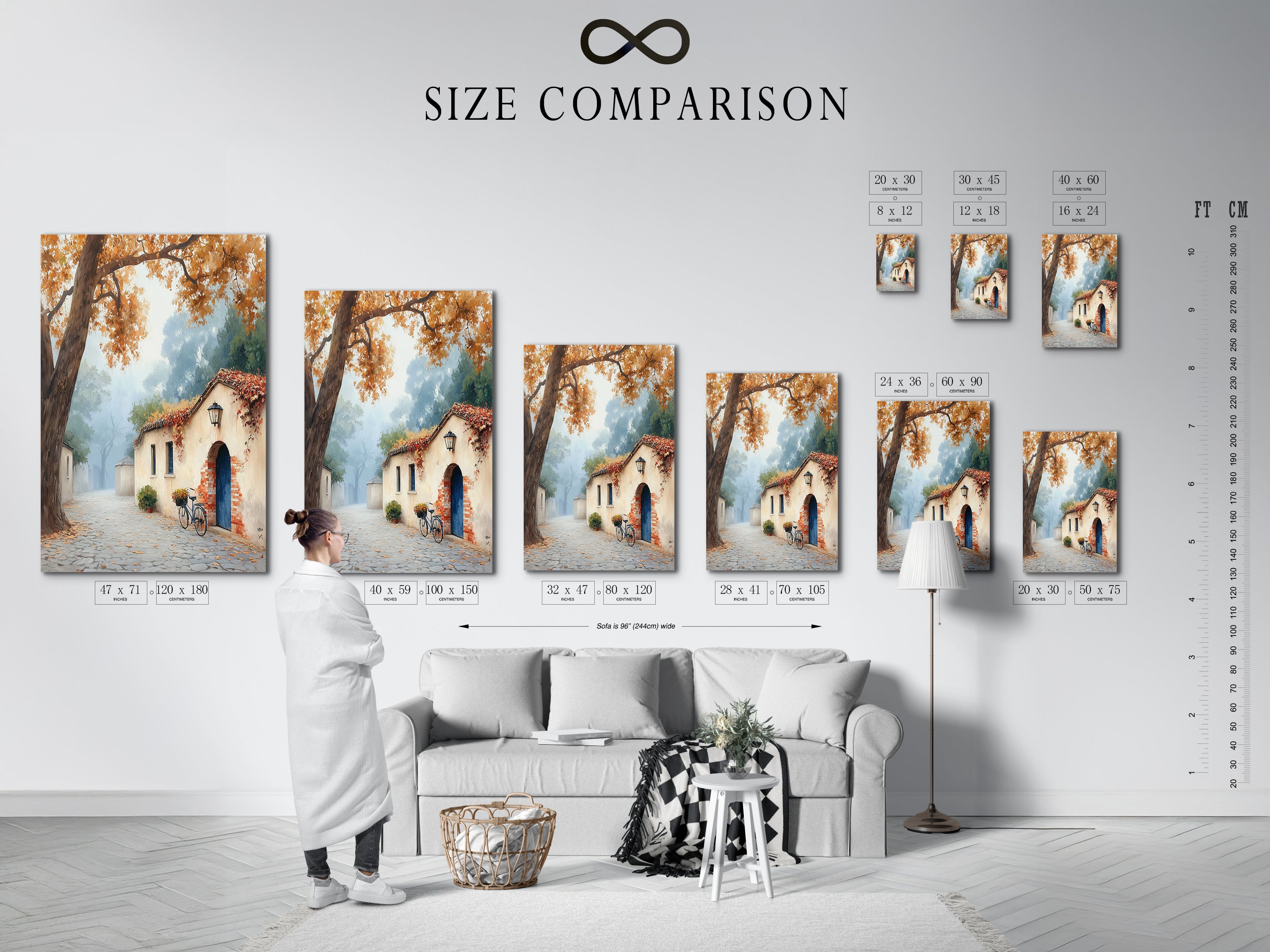 A size comparison chart in an interior setting. See how the Italian Village artwork fits in different spaces. This autumn landscape can transform any room. The European architecture poster adds a touch of elegance. Find the perfect size for your wall decor.
