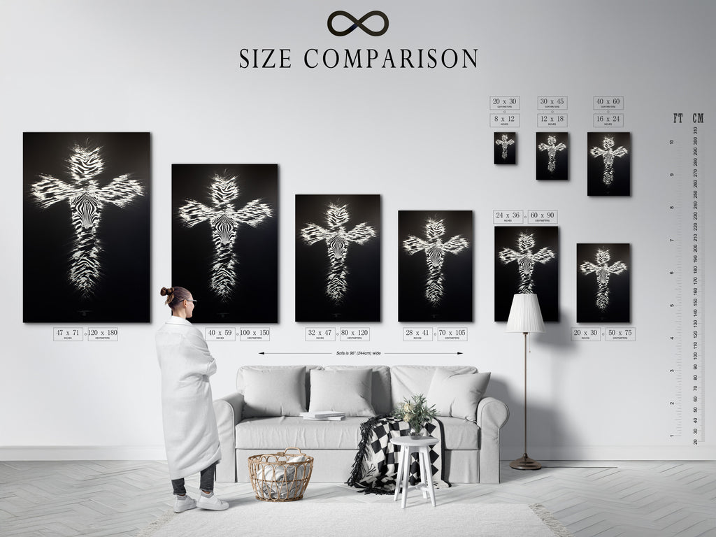 Size comparison chart in an interior setting showcases Christian Cross Wall Art. This modern religious canvas print is available in various sizes. The zebra pattern cross artwork is perfect for any space. Find the ideal fit for your living room bedroom or office. A faith-inspired accent.
