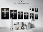 Size comparison chart in an interior setting showcases Christian Cross Wall Art. This modern religious canvas print is available in various sizes. The zebra pattern cross artwork is perfect for any space. Find the ideal fit for your living room bedroom or office. A faith-inspired accent.