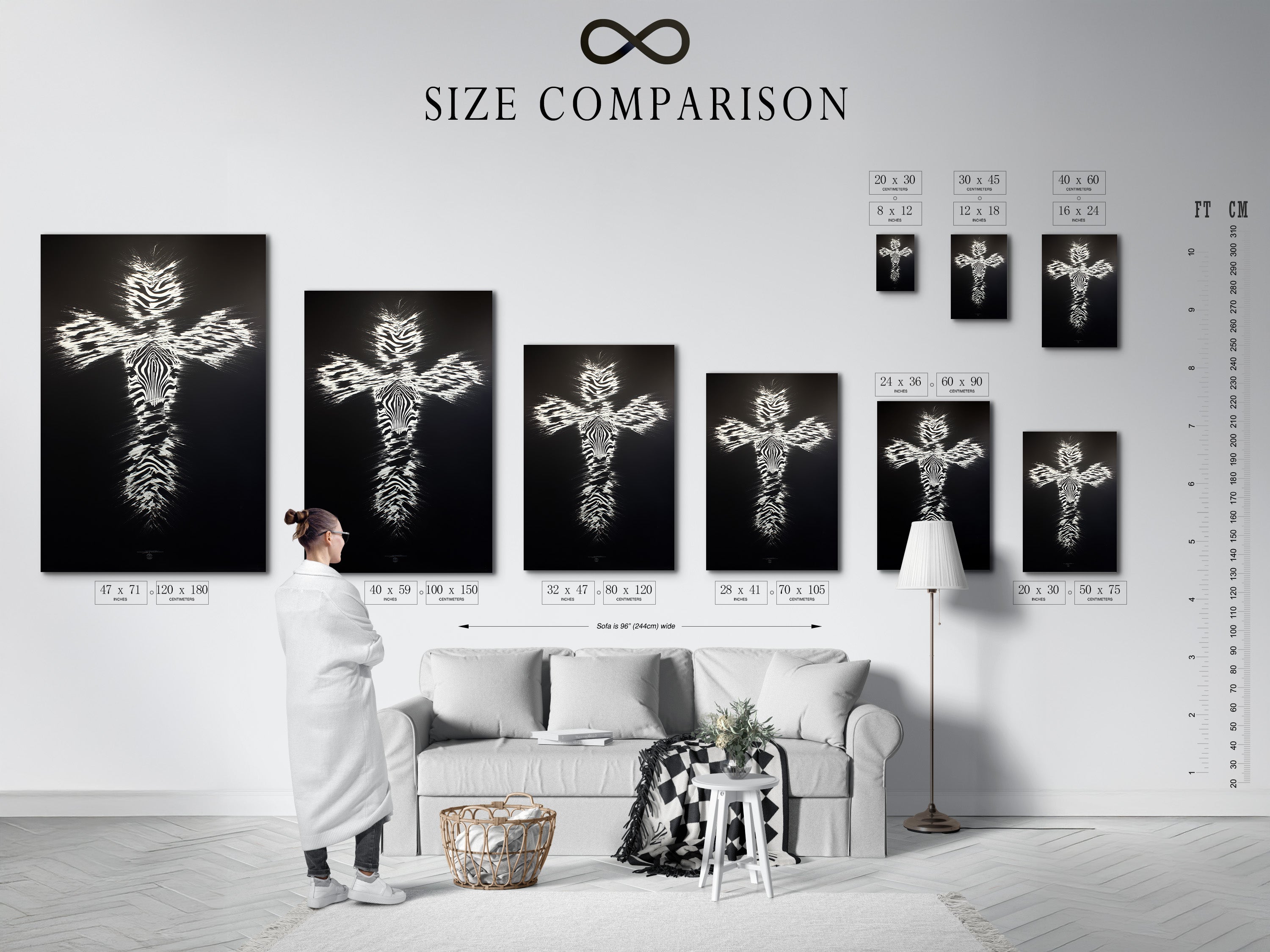Size comparison chart in an interior setting showcases Christian Cross Wall Art. This modern religious canvas print is available in various sizes. The zebra pattern cross artwork is perfect for any space. Find the ideal fit for your living room bedroom or office. A faith-inspired accent.
