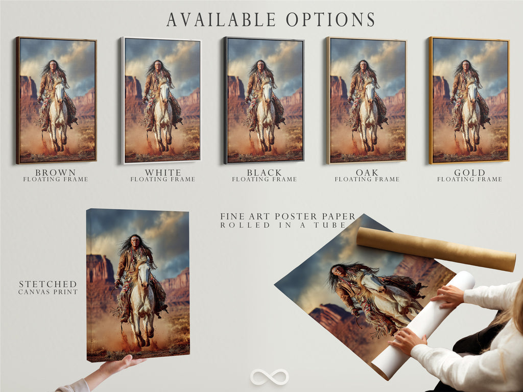 Native American Warrior Canvas Print - Western Horse Art, Southwestern Wall Decor for Office Man Cave