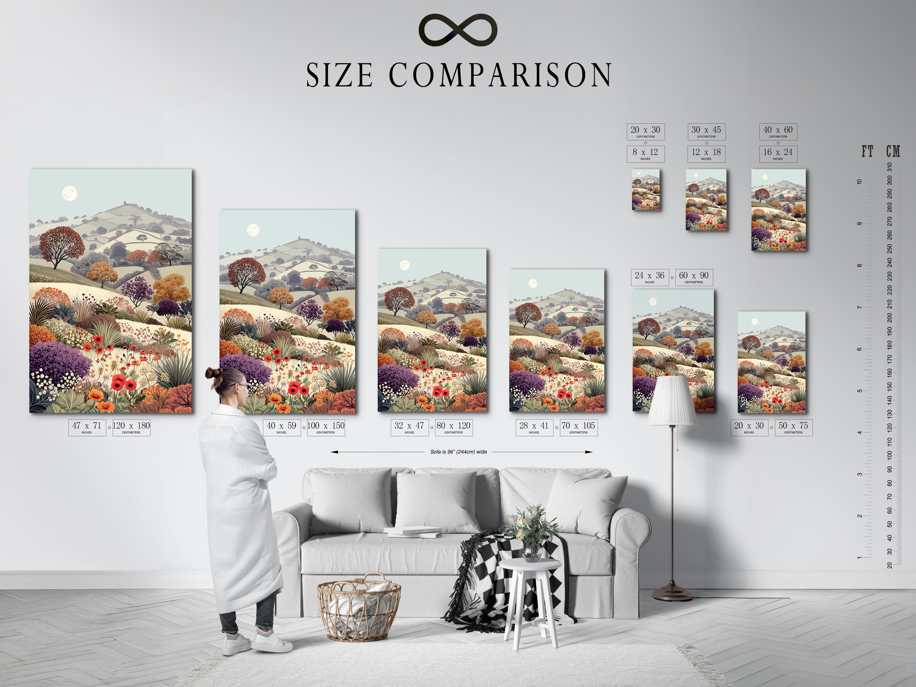 A size comparison chart of Floral Meadow artwork in an interior setting. The vintage landscape features a flower field and countryside scenery. This botanical artwork brings a touch of rural charm. Its pastel colors and wildflower print add a cottagecore feel to any room. Perfect for study wall decor