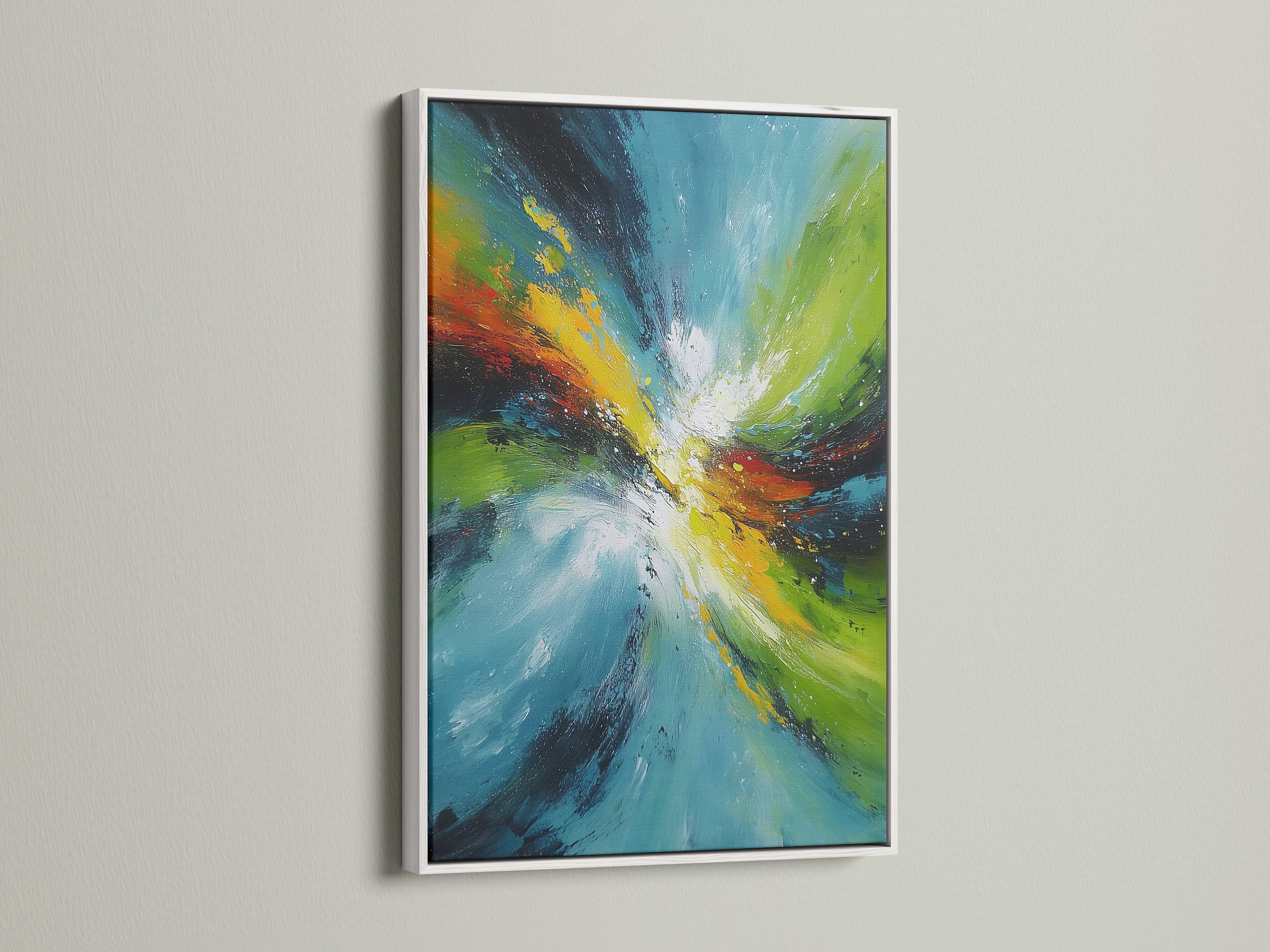 A white frame elegantly highlights an abstract swirl artwork. The painting showcases a dynamic blend of turquoise green and vibrant colors. This contemporary piece is ideal for modern minimalist and eclectic spaces. It brings an energetic touch to any room or workspace.