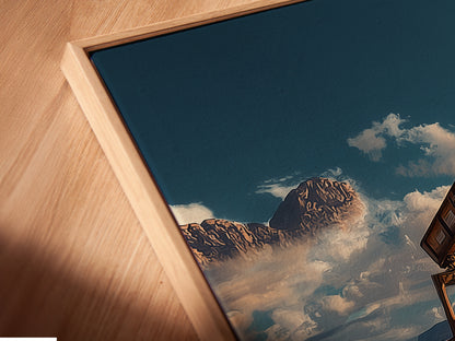 Close-up of a canvas artwork in a floating frame. The industrial photography captures a desert landscape. This earth tone decor is perfect for minimalist and industrial styles. The floating frame adds a modern touch. It's ideal for living rooms or offices.