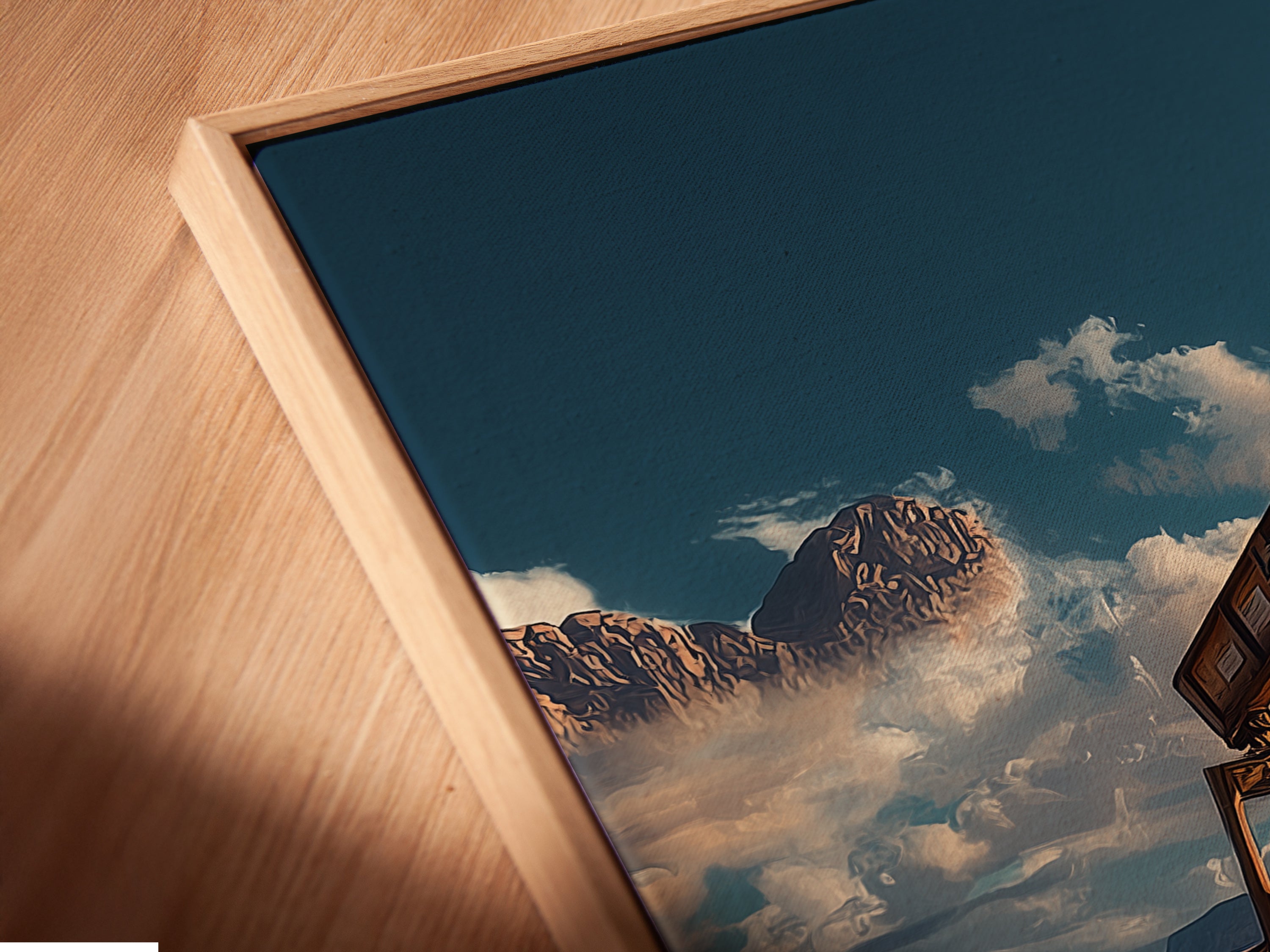 Angled close-up of the oil field canvas print in a floating frame. The industrial artwork enhances any space. The desert landscape is beautifully showcased. A great piece for lobbies.