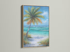 Tropical beach artwork displayed in an oak frame. The palm tree coastal wall art captures a turquoise ocean painting for your bedroom wall decor. The artwork showcases a soothing coastal vibe that enhances any living space. Perfect for coastal home decor.