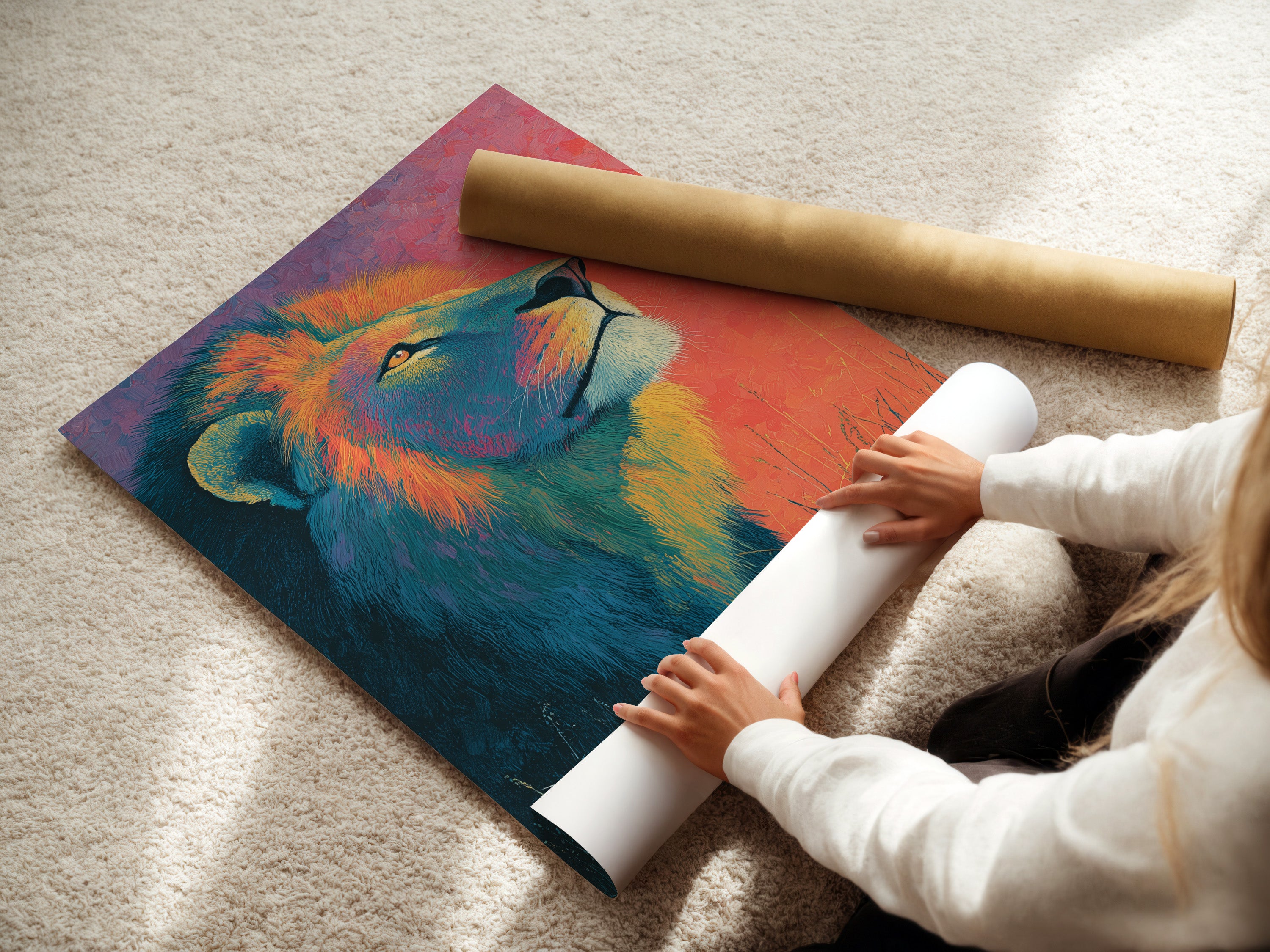 A woman is carefully rolling a fine art poster paper. The poster paper is handled with care. It preserves the artwork's quality. This ensures a smooth presentation. Learn about our fine art poster paper options.