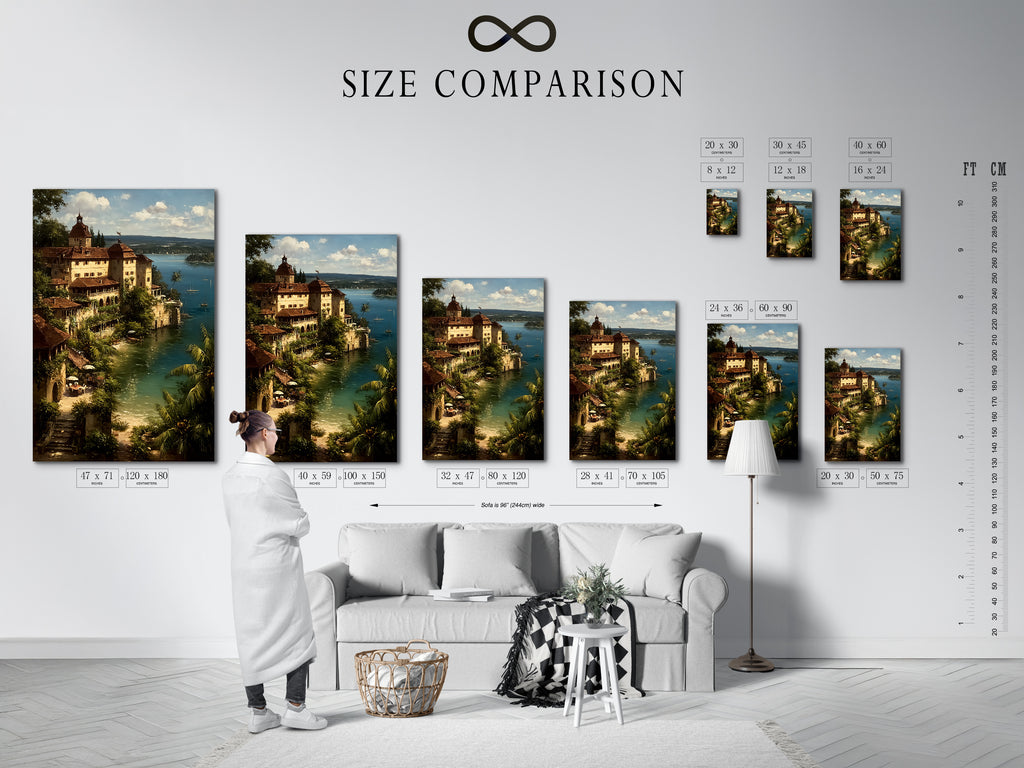 A size comparison chart is displayed in a stylish interior setting. Showing how different sizes of coastal artwork can transform a room. Visualize the perfect fit for your sea view canvas or Italian Riviera print. Find the ideal size for your space.
