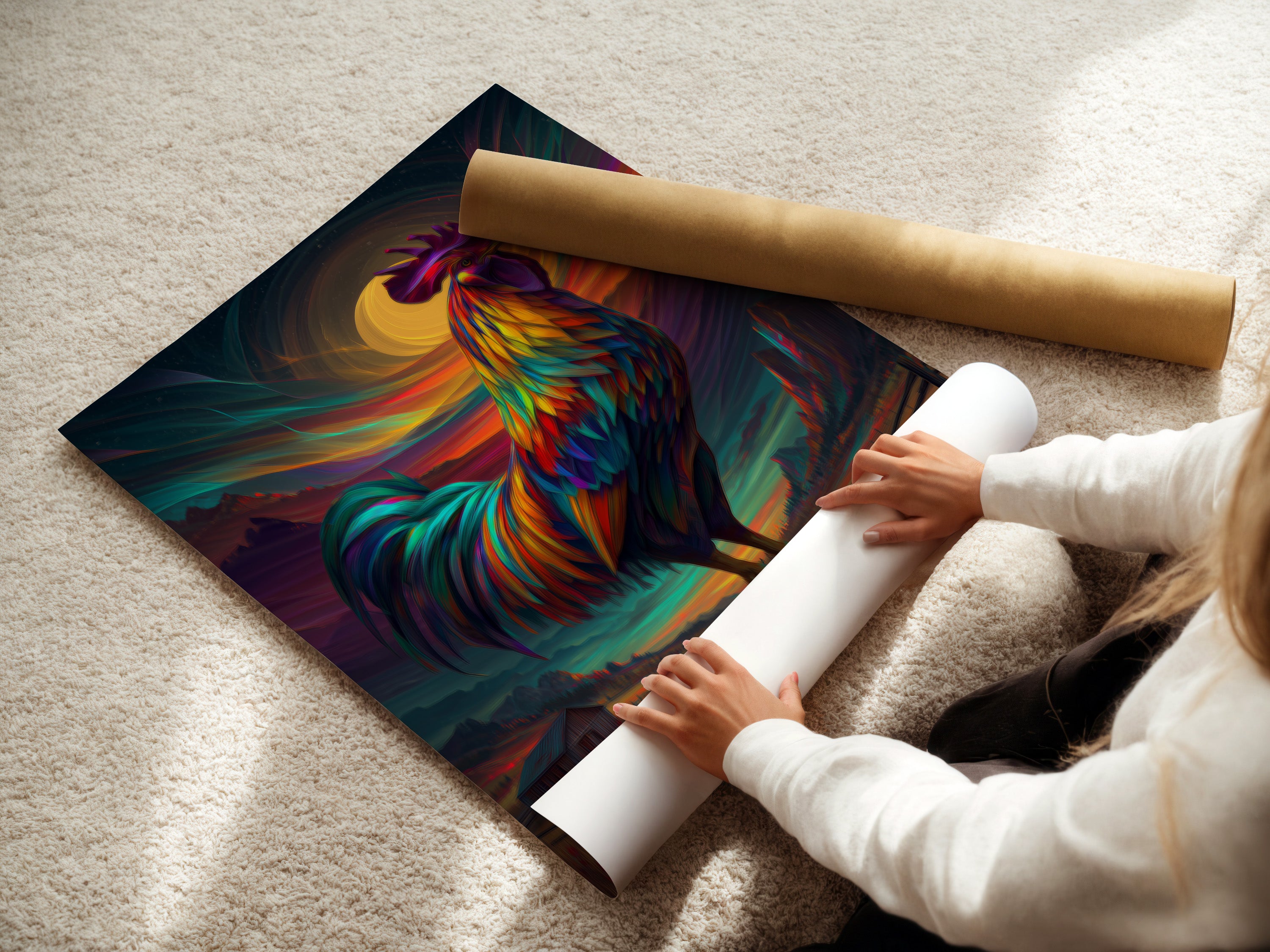 A woman is carefully rolling a fine art poster paper. The high-quality paper ensures the rooster artwork looks its best. Perfect for creating vibrant farm animal prints. Ideal for those who appreciate fine details in their country kitchen art.