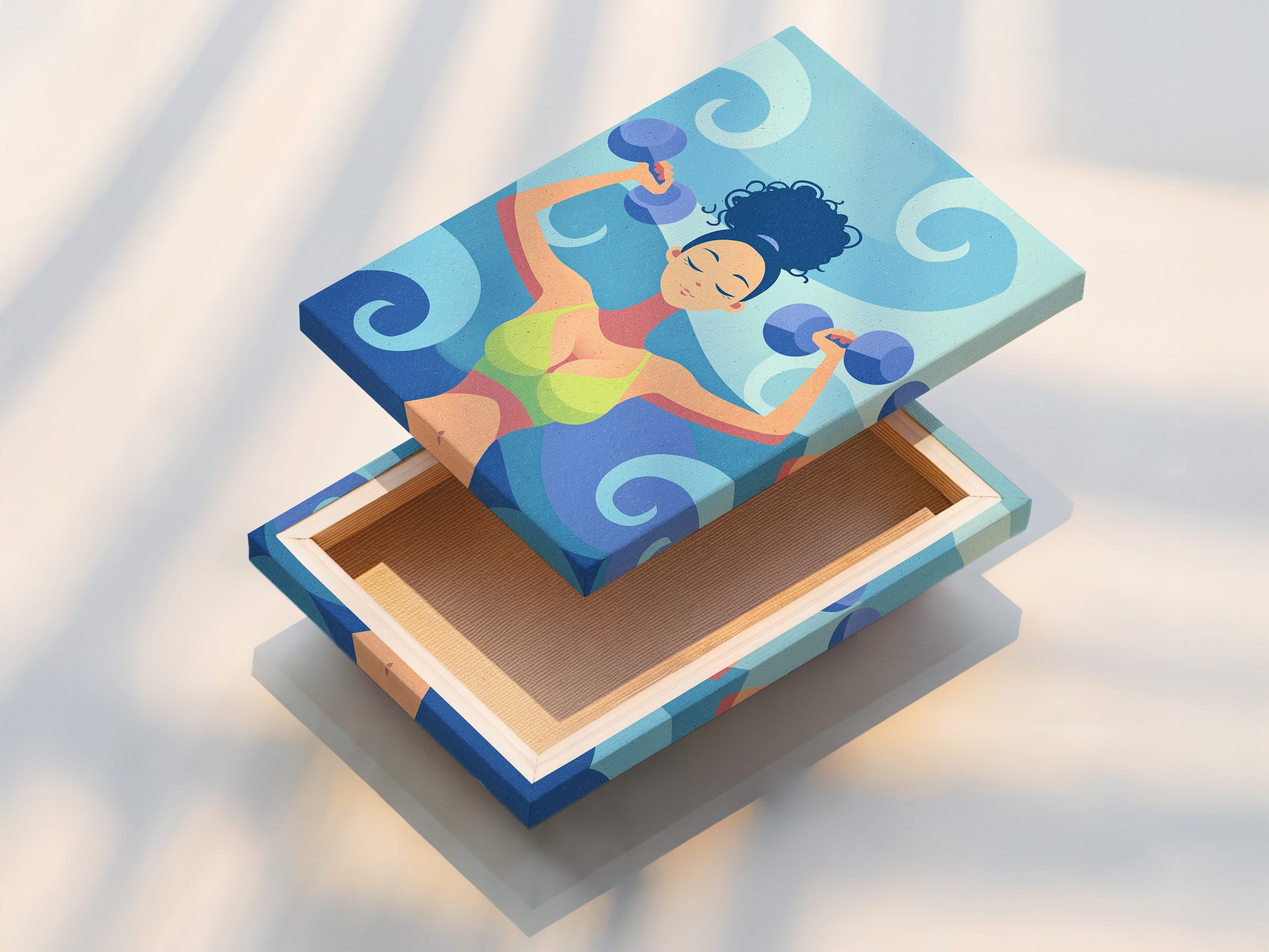 A stretched canvas print is displayed. The fitness woman artwork is featured. It is motivational gym wall art. The workout illustration is great for home gym decor. This canvas print embodies strength training.