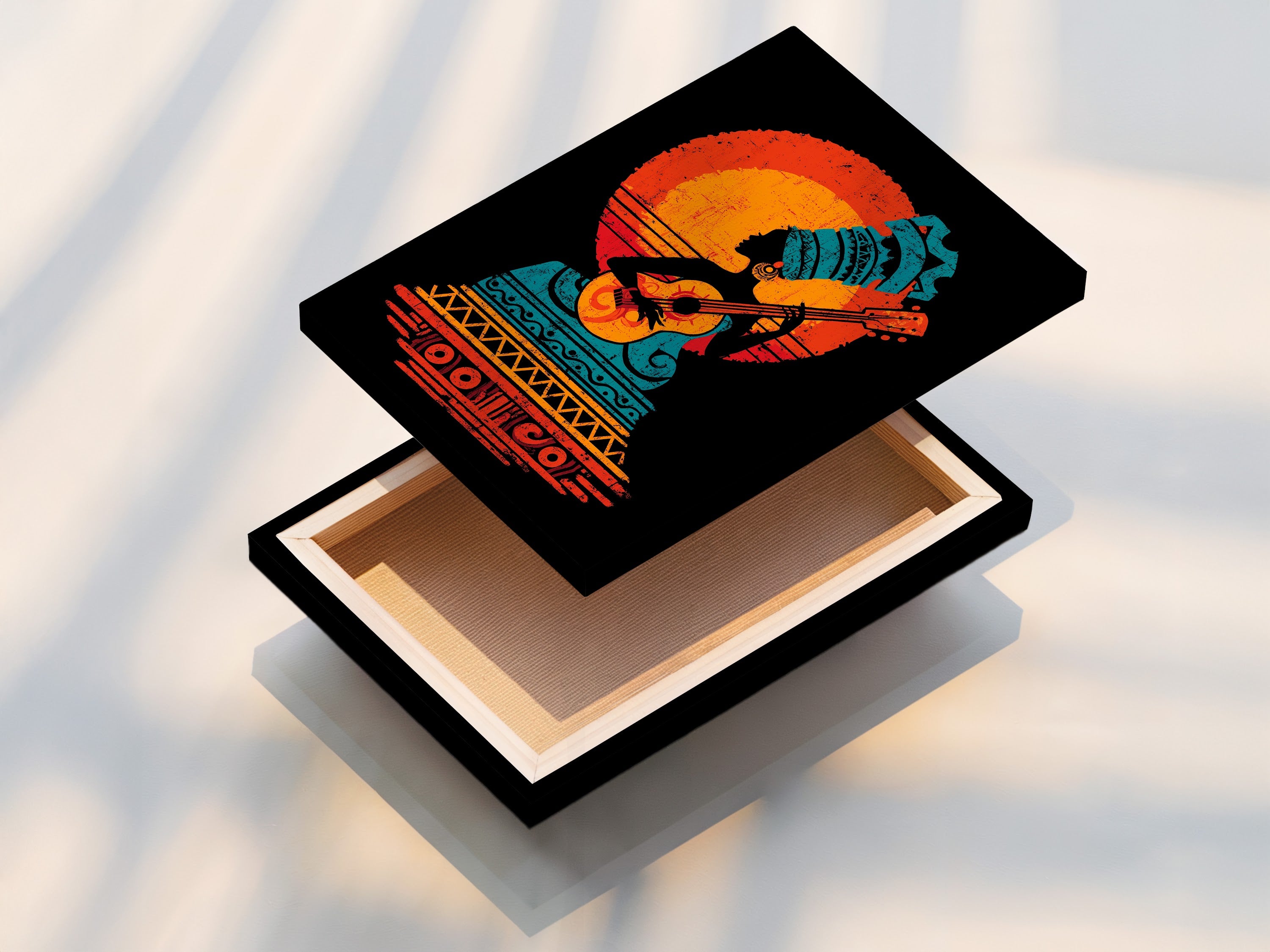 Azteekse gitaarspeler kunstprint - vintage zonsondergang muziekposter, Boheemse wandkunst, akoestische gitaardecoratie, tribale muzikant